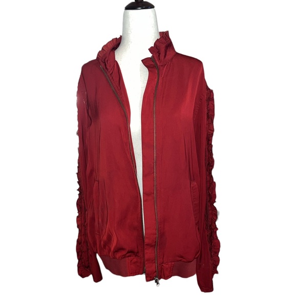 Treasure & Bond Red Ruffle Sleeve Bomber Jacket - Picture 5 of 8